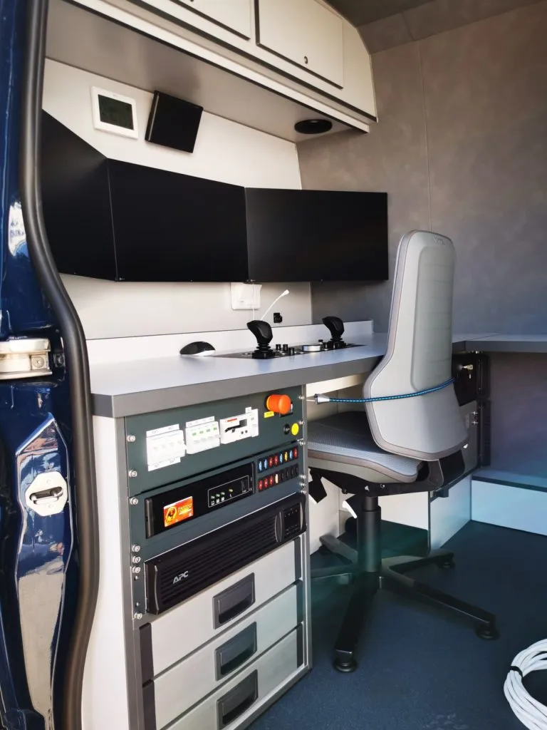 ITV mobile measurement vehicle workstation with monitors and control electronics